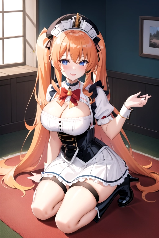 long hair, pale skin, orange hair, blue eyes, black choker, giant H-cup breasts, wavy hair, white maid uniform, smiling, full body photo, 28 years old, miniskirt, cleavage, high heels, corset, 8k quality, boots, in living room, pigtails