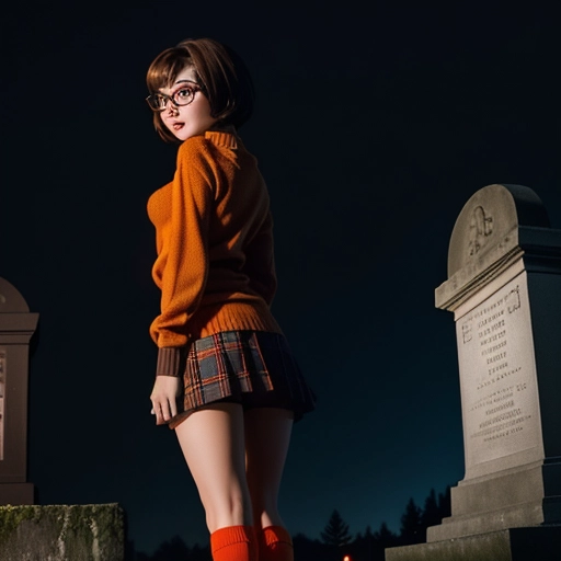 Photo from behind of, velma from scooby doo, young woman, wearing an orange sweater, wearing a plaid miniskirt, wearing knee high socks, looking at away from Camara, beautiful face, beautiful eyes, small pupils, short brown hair, in dark cemetery, at night, full moon, volumetric lighting, focused, crawling on all-fours, upskirt, fingering pussy, erotic