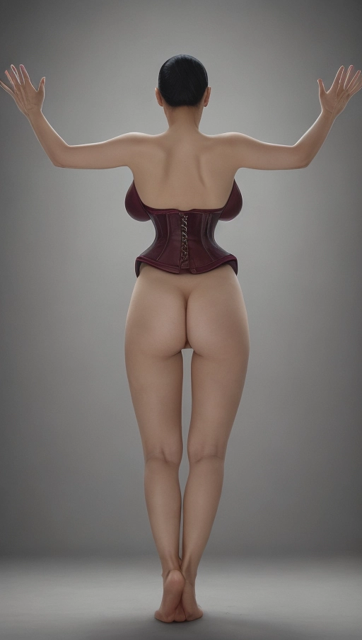 accurate detailed image of an Asian woman ,a back view image ,she is wearing a very tight corset ,her tits are bared ,her cunt is shaved ,she is not wearing any other clothing. an anatomically correct full body views