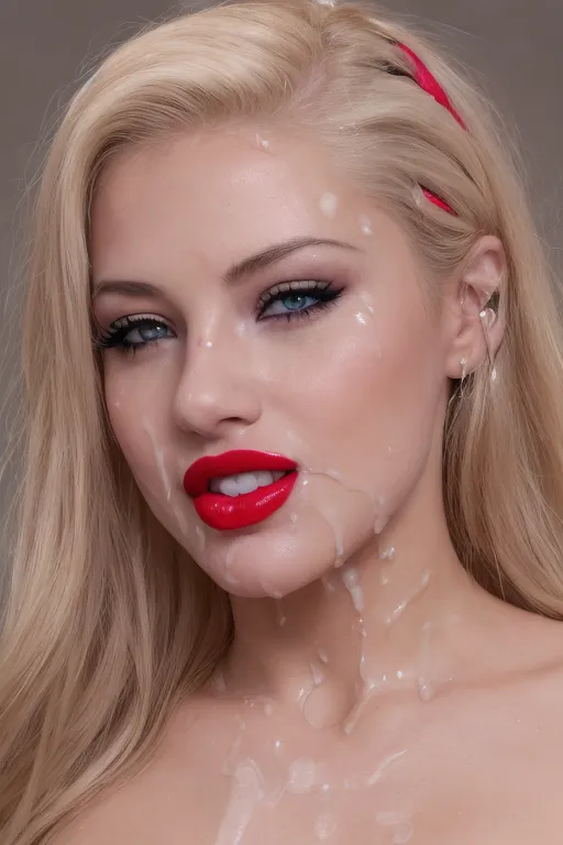 a 8k high resolution photo of beautiful blonde female, ((dpmg_face_cum_v1)),(((cum on face))), ((a lot of cum on face)), ((cum in hair)), (((cum on chin))), (((cum on eyes))), (looking straight into the camera), (fake eyelashes), detailed female anatomical features, (heavy black eyeliner), (((red lipstick))), textured skin, (blue eyes),