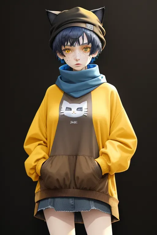 one short woman, anime, dark brown Sweatshirt oversize, Yellow cat eyes,
short blue hair, white skin, freckles,cat ears dark brown hat, blue scarf