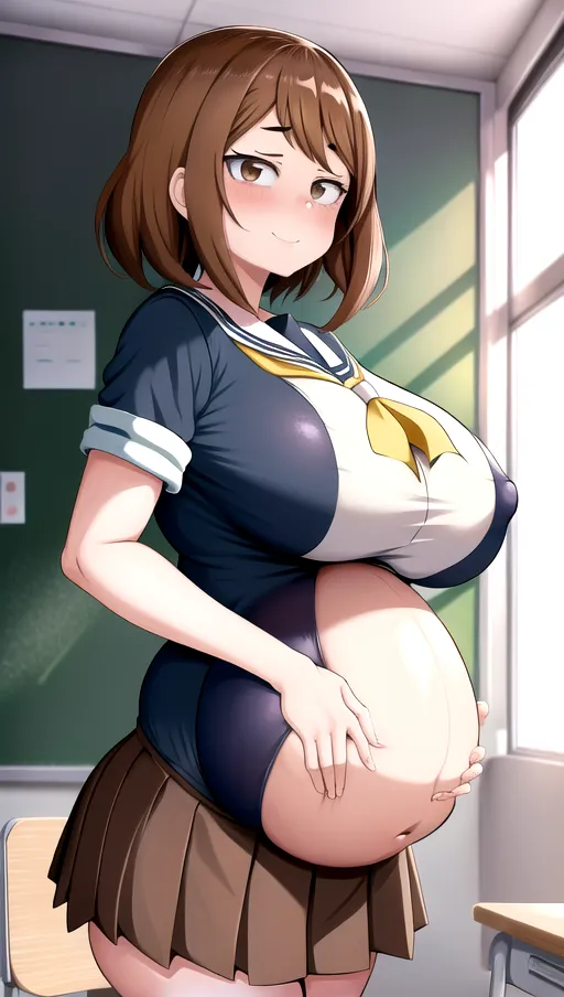 In the art style of my hero academia, 1girl, Ochaco Uraraka, sexy, gigantic saggy breasts, huge breasts, short brown hair, brown eyes, classroom, school uniform, pregnant,
