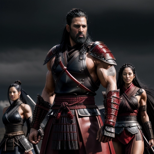 An ultra realistic color photograph of an (extremely tall and muscular male warrior) flanked by ((two) shorter female warriors) as they fight on a dark battlefield at night
Male warrior has black hair shaped into Samurai style
Male warrior has a very short and well trimmed black beard
Male warrior is tall and slender and has a bodybuilder physique
Male warrior is wearing elaborate black leather Royal samurai armor with a steel breastplate and steel pauldrons
Male warrior is dragon themed
Female warriors have fitness model physiques
Female warriors have long thick shiny black hair
Female warriors are wearing sexy black and red leather Samurai armor with steel pauldrons
Female warriors have long black hair braided in Samurai style
Background is a stormy night on a bloody battlefield
<lora:dpmg_add_detail:1>
