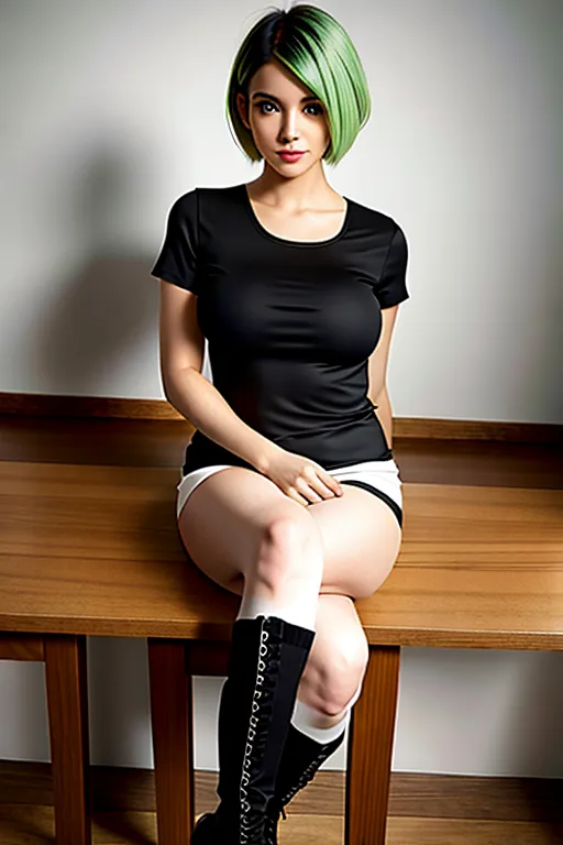 a 8k high resolution photo of,<lora:dpmg_euro_american:.55>. Limegreen hair. short hair. messy hair. black lipstick. seated on chair, show full body. show legs. show feet. show full body and legs and feet. sexy pose. looking at the camera, shear white silk shirt. black short skirt. perfect boobs. five slender fingers. mascara. beautiful face. beautiful lips. smiling. detailed large eyes. curved eyebrows. cgsociety. bare wall. uncluttered. professional. wearing boots. Dr.Martens boots. looking into camera. feet on floor. small natural breasts. small Breasts. flat chest. small tits. small boobs ,((((looking at the camera)))),legs akimbo,beautiful lips,textured skin,erotic pov