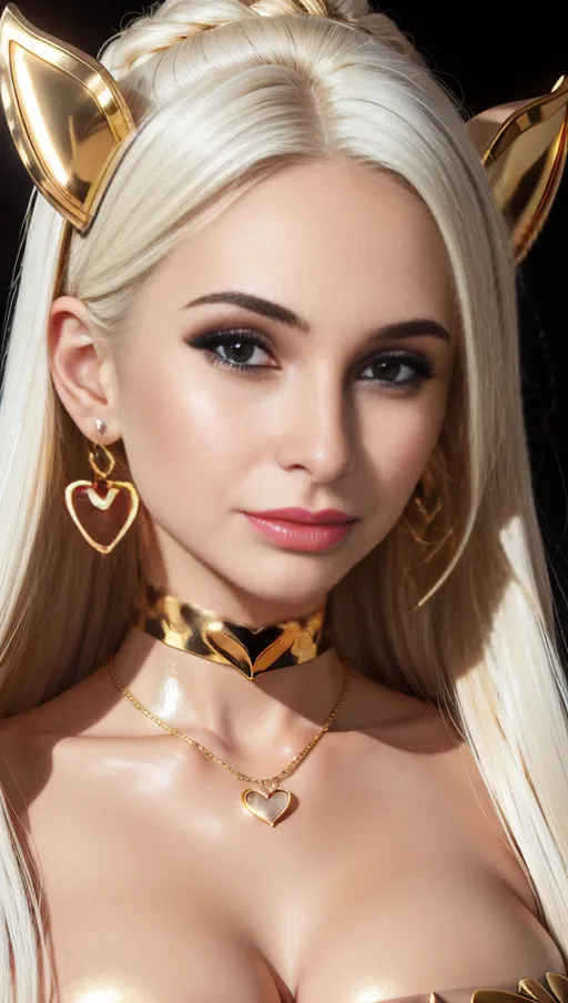 best quality, (((ultra high res))), (detailed face and eyes), hearts, perfect face, big choker, golden earrings, jewelry, ((eyes closeup)), glowing heart, golden heart necklace, big heart pasties, latex neck, white hair, covered by gold, golden skin