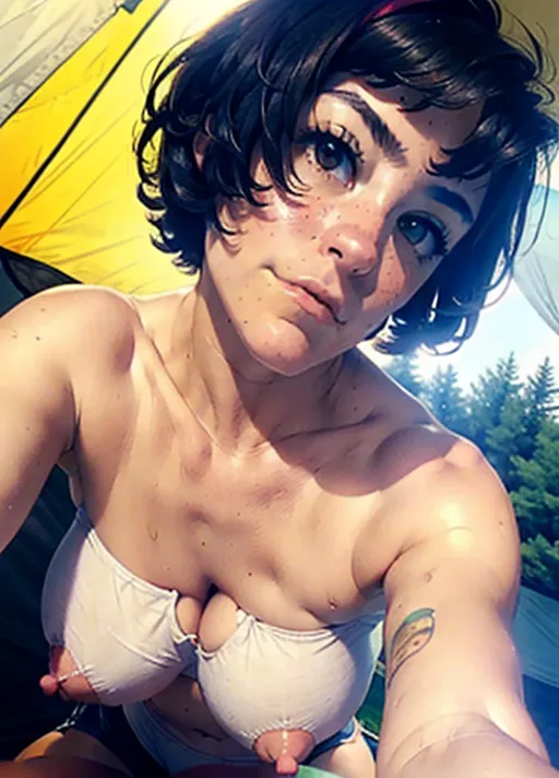 An accurate photo of, Alex Luciano, from diet cig band, naked, cute face, button nose, medium large boobs, blushing, fit, smirk, horny look on face, eyes full of lust, laying down, sexy pose, masturbating, camping at night, in a tent, dark outside, night time, 2500k lighting, looking at viewer, laying down, fingering vagina, face in pleasure, drooling, trying to escape, sex against her will, screaming for help, <lora:KpxWkLqox25_AlexDC1:1>