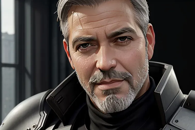 portrait, concept art of,George Clooney, gray hair, gray beard, light freckles, empty hands, in resident evil, in black tactical pants, black military armor, combat boots, confident smile, five fingers per hand, confident, dirty face, beautiful lips, deep eyes, curved eyebrows, textured skin,cgsociety,8k, unreal engine, highly detailed, artstation, deviantart, cinematic, centered, medium close up, 8k, studio lighting, head in frame, long neck, entire head in frame, hyper-realistic