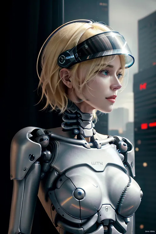 Cute young blonde, young Naomi watts, skinny female human black mechanical skeleton body, cyberpunk, ultra realistic. 8k, ultra detailed face, helmet with visor, fleshy breasts,