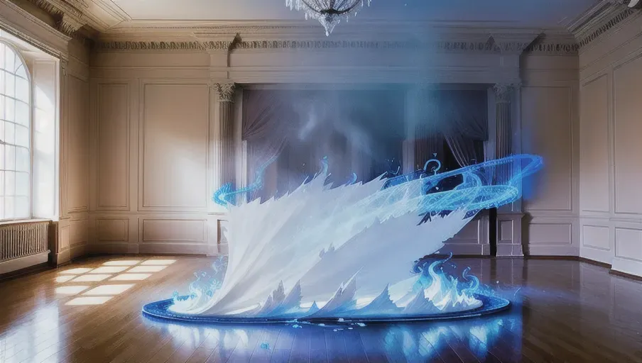 a formal ball room full of blue fire wisps scattered across the room dancing, wide shot,