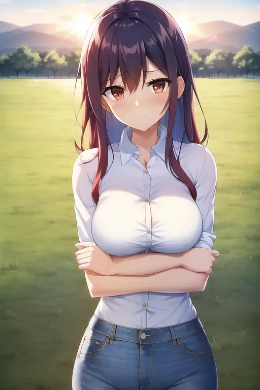 best quality, 1girl, medium breasts, white button up shirt red barn background, blue sky, sun, annoyed, cute, looking at viewer, brown eyes, long blue hair, denim jean pants, dpmg_covering_breasts_arms_crossed