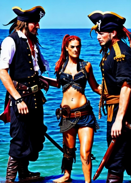 Gorgeous pirate lady is being sexually assaulted by two mean looking pirates <lora:plVOedlDbyM_MMF_WOMANSANDWICH:1>, 1 female, 2 males,
