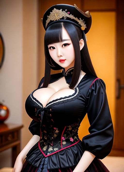 Gorgeous young Chinese woman, photo attractive face, big bimbo lips, huge gigantic boobs, (gigantic tits), black hair, sexy, slim waist, thin, medieval era, full length ball gown, tight button-down blouse, photorealistic, best quality, ultra high resolution