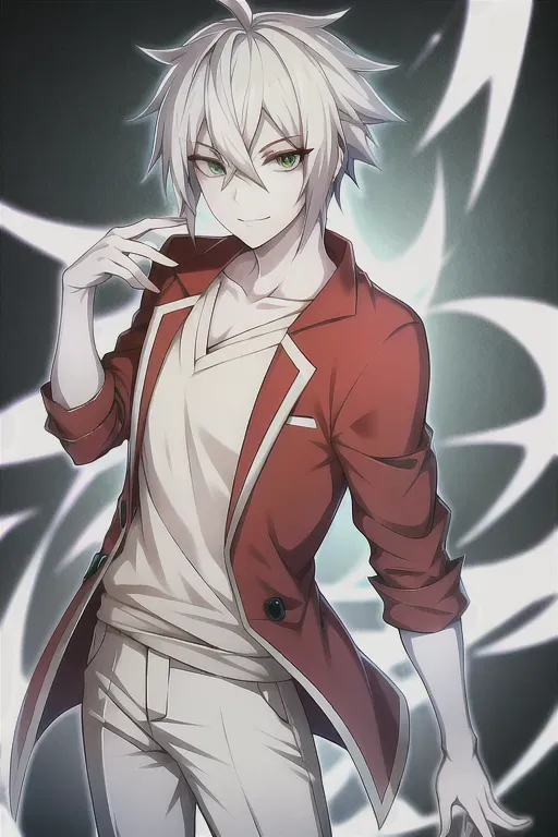 Create a young anime boy with white hair and green eyes. Let him wear a red sweatshirt and have a pale complexion without emotion or smile. Generate a high-quality image