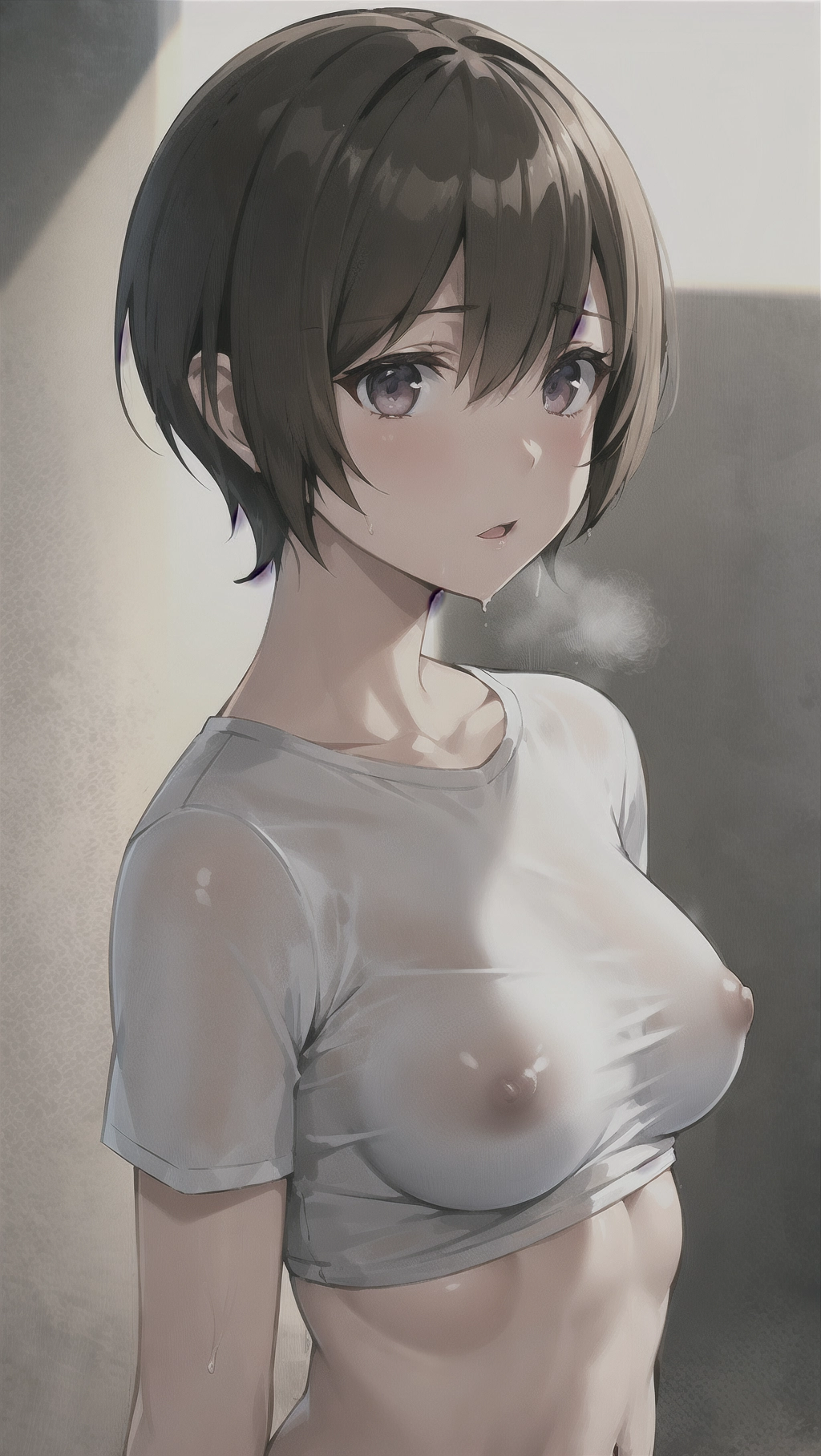 main character, a female, pixie cut, brunette hair, small boobs, dynamic lighting, high quality, white t-shirt, underwear, wet clothing, nsfw