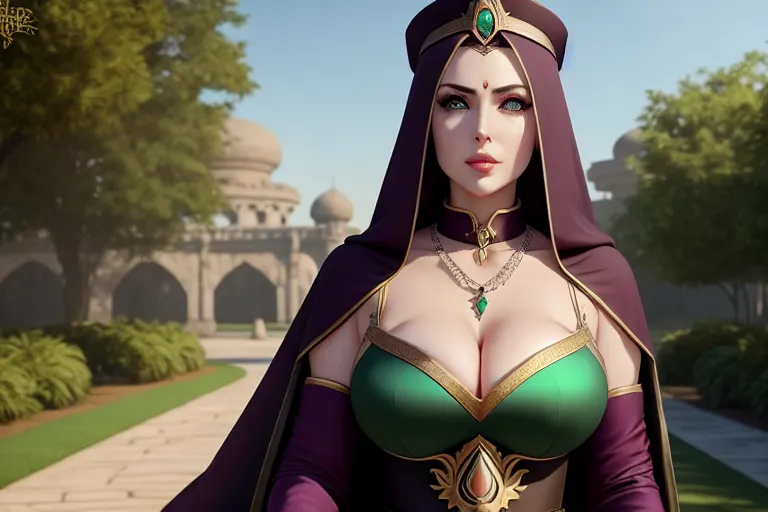 a concept art of,an empress,wearing priest clothes,walking,outdoor,big breasts,five fingers per hand,beautiful face,beautiful lips,green eyes,curved eyebrows,curved eyelid,pale skin,satisfaction,wearing necklace,professional,smooth,surreal,bokeh,8k
