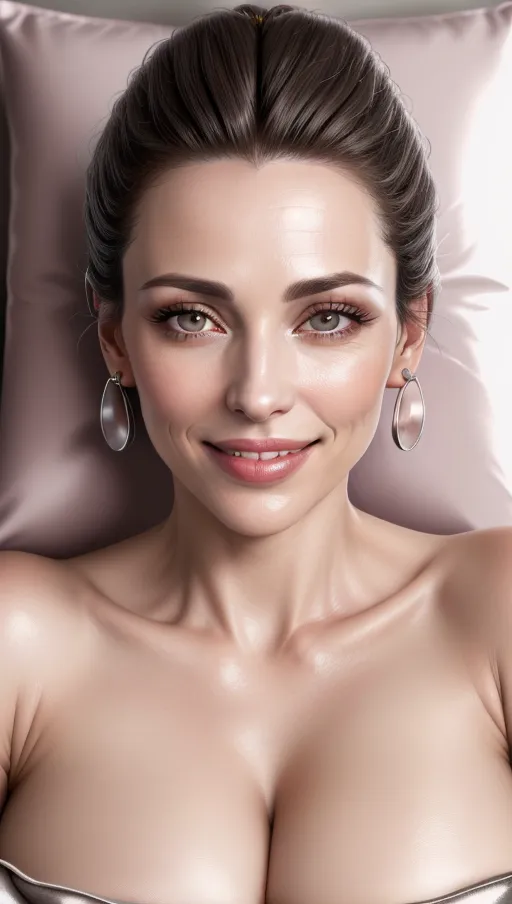 face close up photo, solo 30 year natural old french lady, Round grey eyes with straight nose and plump lips, teasing smile, nice teeth, leathered layers hairstyle, lying on a pillow, (breast sucking), earrings, Broad Lighting, (8k high resolution photo), <lora:dpmg_imminent_fuck:1>, moaning face