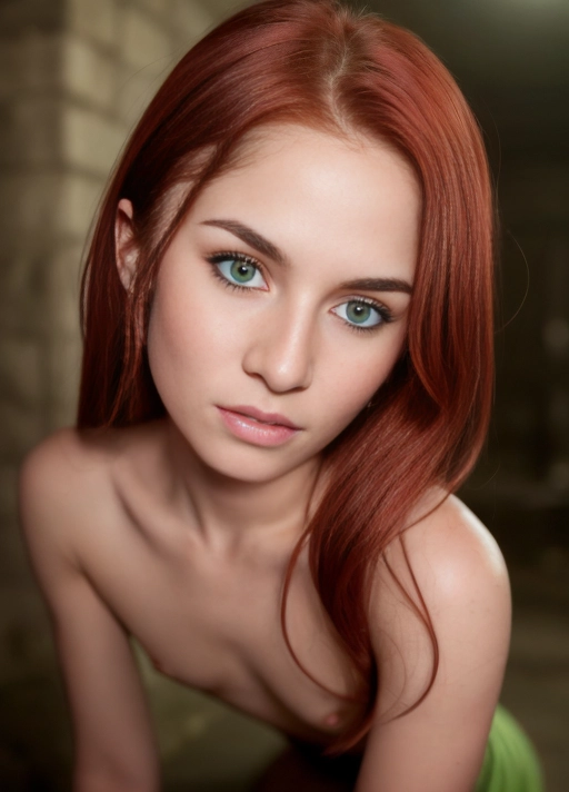 an accurate photo looking at a beautiful slutty, red hair, (((green eyes))), tight small nipples, gorgeous Ariana Greenblatt, ((ahegeo face)), (((eyes crossed))), detailed eyes, hypnotized, ((goon face)), mouth open in shock, desperate pleading eyes, topless, kneeling down in a dark alley, hands tied behind her back, looking directly up into the camera, dark moody lighting, cinematic lighting, extreme close up on eyes, ((full color photo))