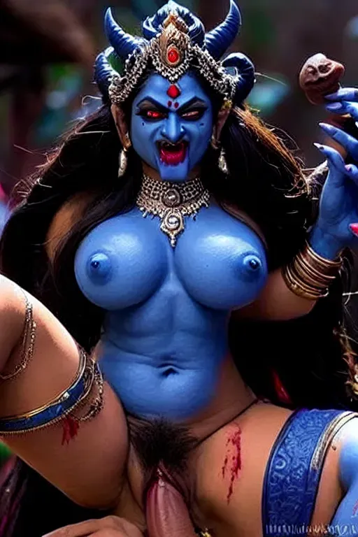 Hindu goddess kali, blue-skinned, angry-eyed, big eyes, full naked, cowgirl pov, tongue out, vampire fangs, riding dick,bloody weapons, beheaded skull, indian, long waivy thick hair, extra limbs, four hands