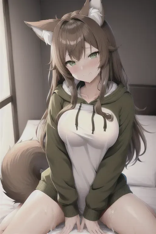 high quality, detailed, anime girl, brown hair, green eyes, wolf ears on head, fluffy ears, fluffy tail, shy, on bed, wet, turned on, exposed pussy, wants to be fucked, naked, wet pussy, lewd face, straddling, boyfriends cream hoodie, sweat, masturbation, caught, concerned face