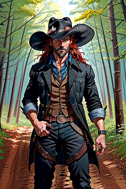 Old wild west, a Wild West Witcher, A badass cowboy riding his badass horse, ex-confederate officer for the C.S.A., black cowboy hat with white band and a feather, red hair, red beard, sharp blue eyes, gritting teeth, strong chin, a scar across his face, strong build, black cowboy outfit, long brown trench coat, black boot cut pants, two six shooter revolver pistols, one gun drawn, the other gun is in the holster, two gun holsters, gun belt with bullets line in, black cowboy boots with spurs, riding in the saddle of his black horse, in the forest, fending of a pack of wolves, ((high definition)), ((4k quality)), ((excellent lighting)), ((great shading)), ((pristine detail)), ((really clear picture)), ((beautiful vibrant colors)), ((accurate at lower prompt guidance)), ((ultra realistic)), (((five fingers per hand))), (((two arms per person))), (((two legs per person))), (((two hands per person))), (((two feet per person))), ((((100 percent according to prompt)))) (((detailed hi-res eyes))), (((highly detailed irises))), (((realistic pupils)))