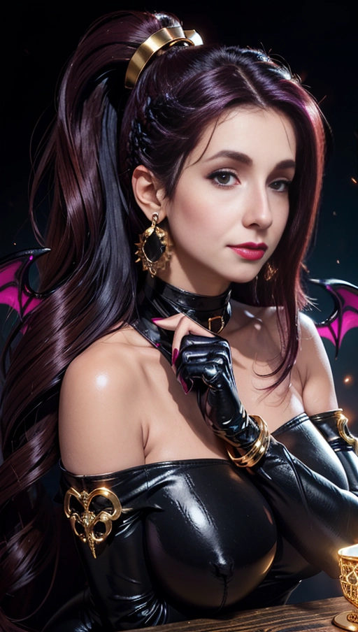 best quality, (((ultra high res))), (((detailed face and eyes))), (perfect face), big shining heart choker, earrings, jewelry, (((big glowing succubus mark))), ((((big glowing succubus bodymark)))), (((conjuring))), (witch), ((long voluminous hair)), (((black gloves))), ((brown hair)), straight hair, (((golden bracelet))), ((single ponytail)), (((huge hair cuff))), chains, ((skintight suit)), ((face closeup)), purple, (burgundy red lipstick), (((neckholder))), ((((her hair is covering her shoulders))))