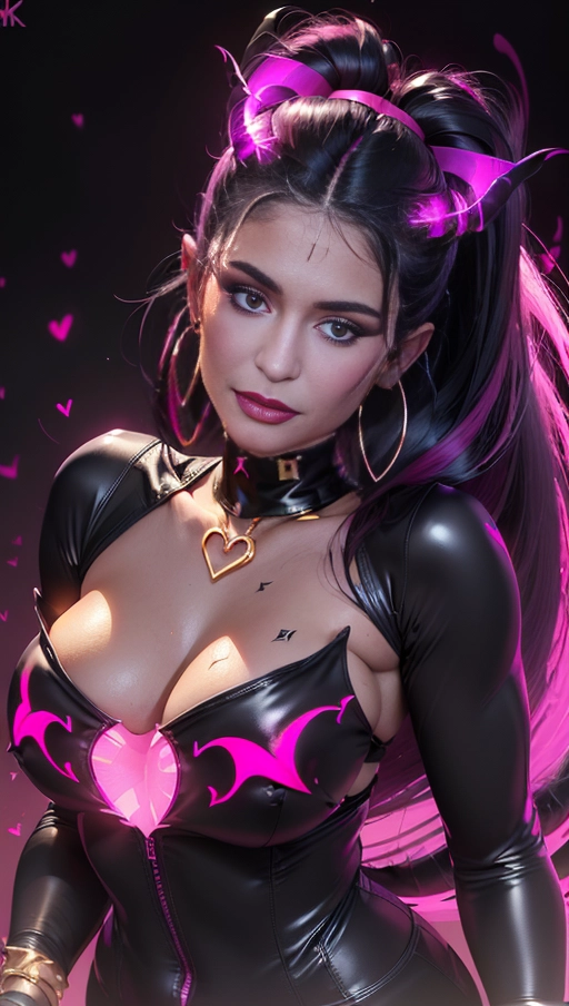 best quality, (((ultra high res))), (((detailed face and eyes))), (perfect face), (big shining heart choker), earrings, jewelry, (((big glowing succubus mark))), ((((big glowing succubus bodymark)))), (conjuring), witch, ((very long voluminous hair)), (((black gloves))), (((black hair))), (((single black ponytail))), (((golden bracelet))), (((huge golden hair cuff))), (((black skintight neckholder))), (((((face closeup))))), lipstick, (((((black demon tail))))), ((black long sleeves)), ((purple glowing heart)), (((demon mark))), heart on womb, (((((bright pink glowing skin tone))))), (((straight black hair))), ((pink glowing clothes)), ((pink luminescent)), ((((pink luminescent skin tone)))), (((pink skin))), (((Kylie Jenner)))