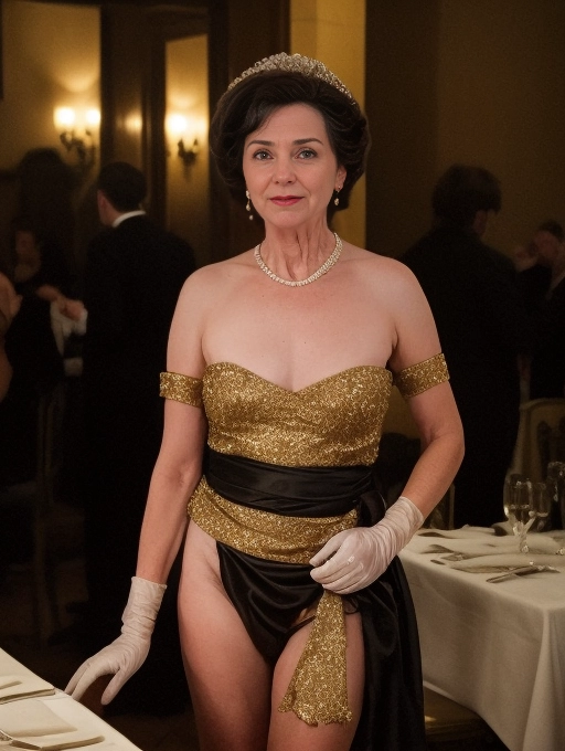 An elegant mature lady wears her formal gloves and loincloth out to dinner in a crowded fancy restaurant