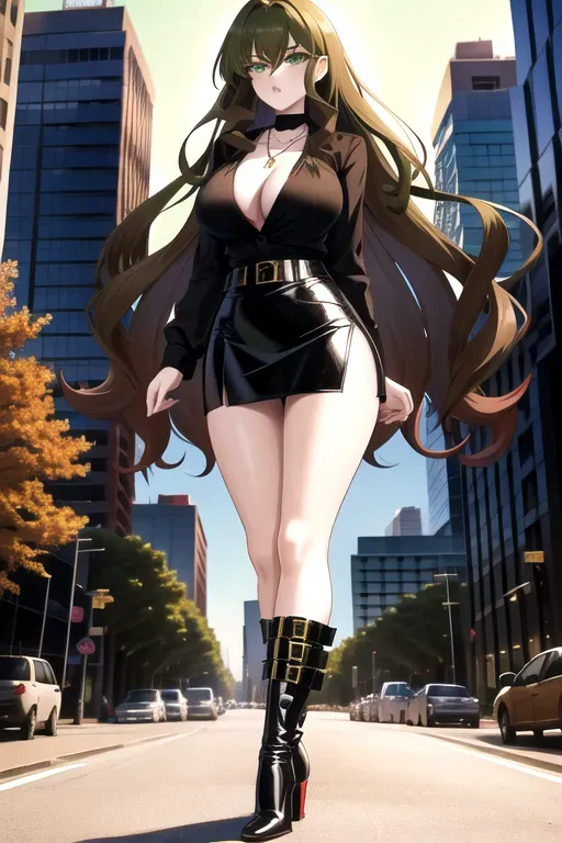 full body, chestnut hair, green eyes, short girl, green miniskirt, black high heel boots, looking at viewer, long hair, pale skin, black necklace, black blouse, 24 years old, big breasts, cute face, pov, wavy hair, city environment, Oklahoma City