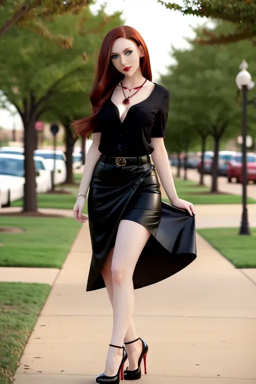 full body, chestnut hair, green eyes, short girl, red miniskirt, black high heels, looking at viewer, long hair, pale skin, black necklace, black shirt, 24 years old, big breasts, cute face, pov, wavy hair, city environment, Oklahoma City, wide eyes, erotic, skirt tug