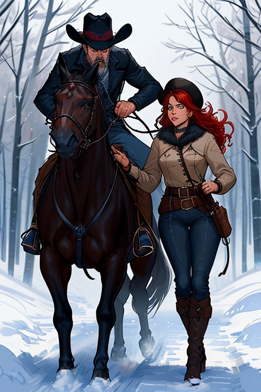 Old wild west, we see two people, A badass cowboy riding his badass horse, rescuing a cute damsel in distress, he is a US Marshall, former confederate army officer from Georgia C.S.A , black cowboy hat with white band and a feather, red hair, red beard, sharp blue eyes, gritting teeth, strong chin, a scar across his face, strong build, black cowboy outfit, long brown trench coat, black boot cut pants, two six shooter revolver pistols, one pistol is drawn, the other pistol is in the holster, two gun holsters, large belt buckle, gun belt with bullets line in, black cowboy boots with spurs, riding in the saddle of his black horse, large mean black stallion, jeweled stirrups, in a cold winter forest, fending of a pack of wolves, saving a damsel in distress, reaching out for the damsel in distress, the damsel in distress is a Beautiful native american woman, red skin, beautiful long dark hair, floral decorations in hair, thick eyebrows, cute happy eyes, concave nose, soft gaunt cheeks, full lush lips, narrow round chin, slim build, small breasts, thin waist, curvy ass, curvy hips, curvy thighs, cute feet, wearing animal fur tribal pelts, tribal, aroused, aroused clit, throbbing pussy, brown anus, knocked down, reaching for the bowboy, in the snow, ((high definition)), ((4k quality)), ((excellent lighting)), ((great shading)), ((pristine detail)), ((really clear picture)), ((beautiful vibrant colors)), ((accurate at lower prompt guidence)), ((ultra realistic)), (((five fingers per hand))), (((two arms per person))), (((two legs per person))),