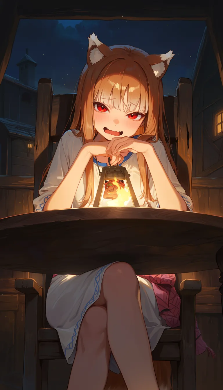masterpiece,best quality,amazing quality,absurdres,highres, newest,score_9, score_8, score_7, year2025, newest
holo, spice and wolf,
1girl, solo, simple white dress, red eyes, long hair,
sitting, on chair,
laughing, lol,
wavy mouth, open mouth,
looking at viewer, crossed legs,
front view,
indoors, warm light,
night, darkness,
wooden house, medieval house,
round table,
background,