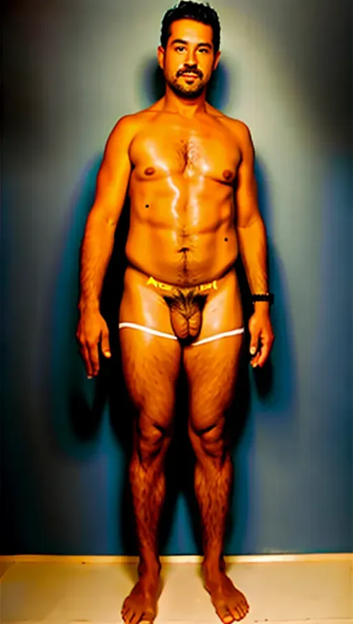 a selfie from myself, body paint, photo, male, man, 42 years old, body painting, string tanga, black background, black hair, no beard, full image