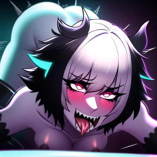 Moaning horny excited woman with short hair and small breasts,<lora:dpmg_fucked_from_behind:1> neon color scheme