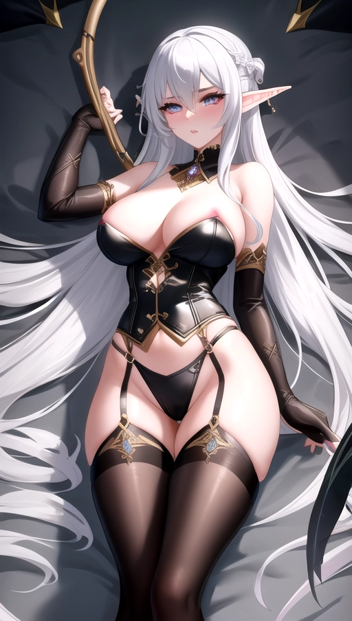 The supple material clings to her lithe, petite frame, accentuating her slender curves and toned musculature. Intricate lacing runs the length of her legs, drawing the eye downward to her slender calves and delicate ankles. A leather corset cinches her waist, pushing up her pert breasts in a way that is both alluring and fierce.
Her porcelain skin is unmarred save for the intricate silver markings that adorn her body, lending her an ethereal, otherworldly beauty. Her features are sharp and angular, like those of a high elf - high cheekbones, a delicate nose, and full lips painted a deep crimson. Thin, silver eyebrows arch over her piercing silver eyes, which gleam with a hint of predatory hunger, bow and arrow