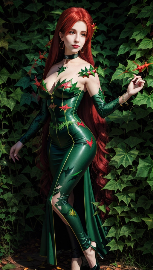 best quality, (((ultra high res))), (big choker), earrings, jewelry, (((bracelet))), lipstick, ((((poison ivy)))), red long hair, green leafs, bright green eyes, tendrils, full body image