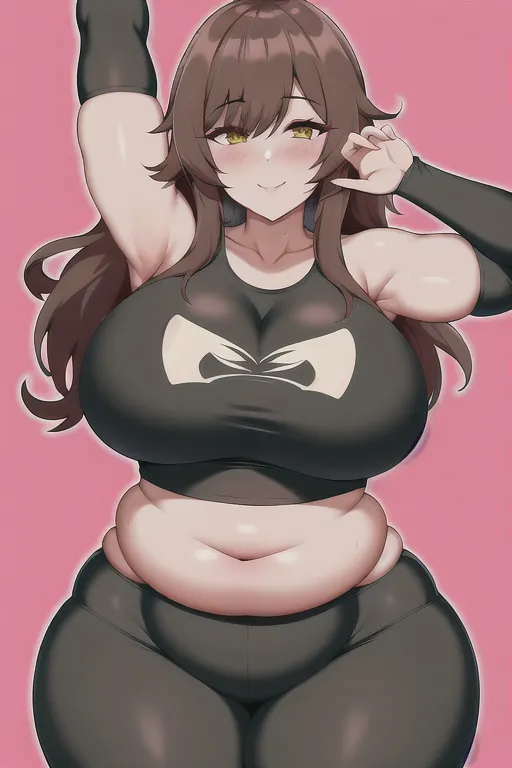 UHD, 1girl, milf, onee-san, cocky, yoga pants, crop top, very fat, big belly, chubby, wide waist, overwight, obese, growing, too fat, weight gain, anime style,