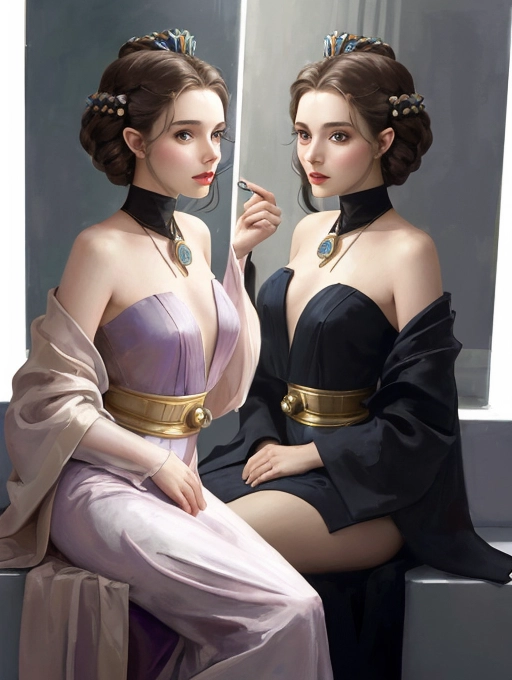 young queen amidala of the planet naboo as portrayed by natalie portman in the phantom menace, seated at her morning vanity mirror applying her heavy face paint, (amidala face makeup kandinsky klimpt), light silky dressing gown of some fancy iridescent alien material, as shown in the movie her face should have heavy face-paint that looks like a painting by vassily kandinsky you know with weird lines and shapes that make no sense abstract stuff but with bilateral symmetry, i have referenced the film the character the plot some reference artists so paint her face please okay, she is seated a mirror seeing her own reflection in the glass, one-quarter view with reflected three-quarter view visible in the mirror, same woman is both seated at the mirror and also visible in the mirror its the same woman from different angles same pose