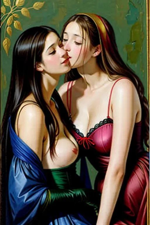 <Amor sacro e Amor profano>, Tiziano, renaissance peinture, 2girls, <lora:yuri_kiss:1>, half visible breast, high texture