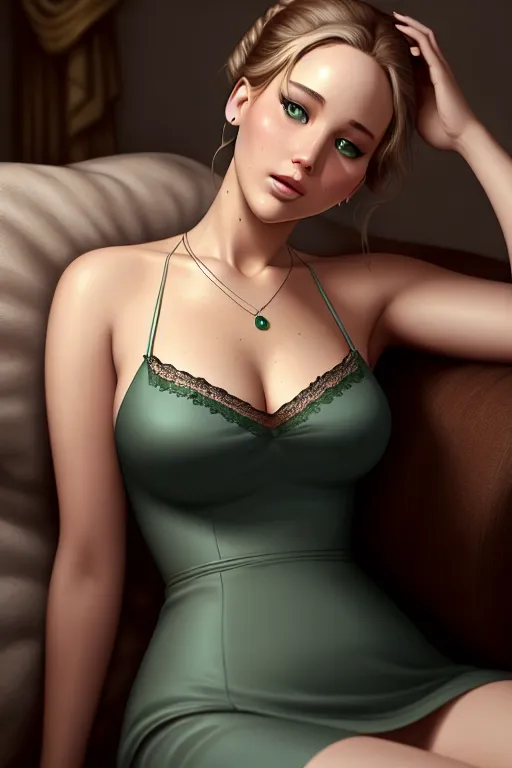 a digital painting of,jennifer lawrence,wearing nightgown,lying,big breasts,five fingers per hand,ponytail,beautiful face,beautiful lips,green eyes,curved eyebrows,curved eyelid,pale skin,cosy,wearing necklace,surreal,artstation,professional,cgsociety,unreal engine