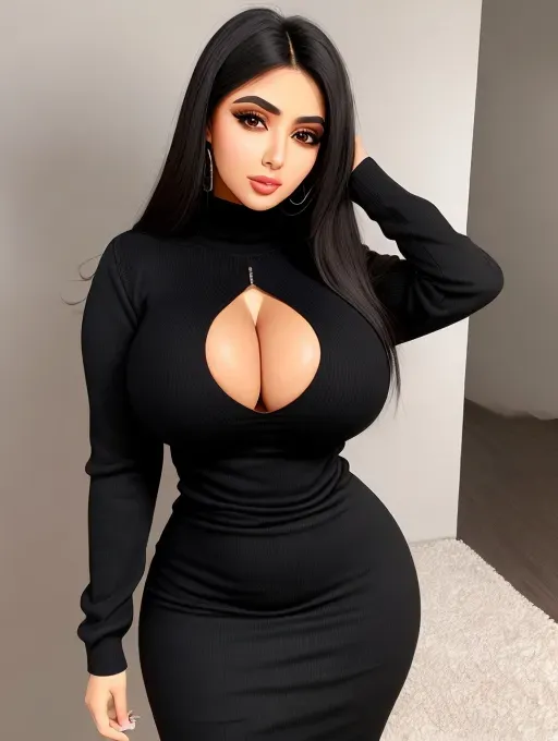 Gorgeous Arab babe, huge gigantic boobs, (gigantic boobs), black hair, photo gorgeous attractive face, beautiful big lips, sexy, slim waist, thin curvy hourglass figure, tight black sweater dress, photorealistic, best quality, ultra high resolution