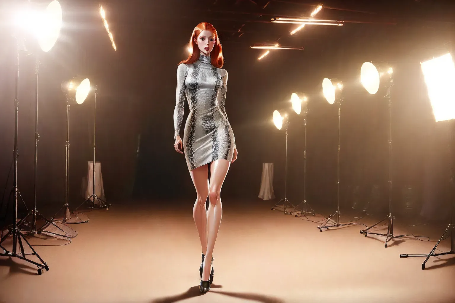Realistic Photograph, (wide shot), (((deborah ann woll)))(((accurate face))),(((as a runway fashion model)))(((wearing a mock turtleneck jade snakeskin print tube dress))), (((upskirt)), (((EXTREMELY slender petite body))), five slender fingers, ((((detailed female anatomical features)))),((long blunt Dutch Bob cut hairstyle)((redhead))(straight hair)(sleek)) beautiful face, beautiful lips, detailed large eyes, curved eyebrows, cgsociety, cinematic lighting, studio lighting, professional, editorial,