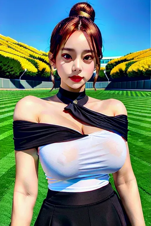 best quality, ultra high res, (photorealistic:1.4), 1girl, off-shoulder white shirt, black tight skirt, black choker, (messy bun:1), (large breasts:1.2), looking at viewer, closeup <lora:dpmg_korean_doll:1>