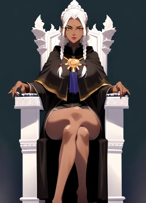 (masterpiece), absurdres, smooth, soft lines, soft edges, perfect edges, (soft lighting), (soft glow), perfect anatomy, detailed background, hair with great details, perfect eyes, perfect face, (looking at viewer), 1girl, forest background, full body view, ((older woman)), ((dark souls)),
((beautiful robed priestess)), fully covered, flowing hair, lip gloss, full body view, lipstick, long eyelashes, serious, tall, ((cornrows hairstyle)), covered body, sitting in throne legs crossed,
(White hair), brown eyes, (((very dark skin))), ((flushed cheeks)), short hair, large woman,