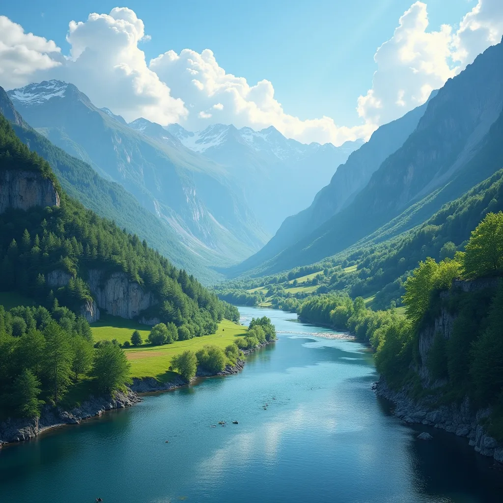 A beautiful landscape with a river and mountains