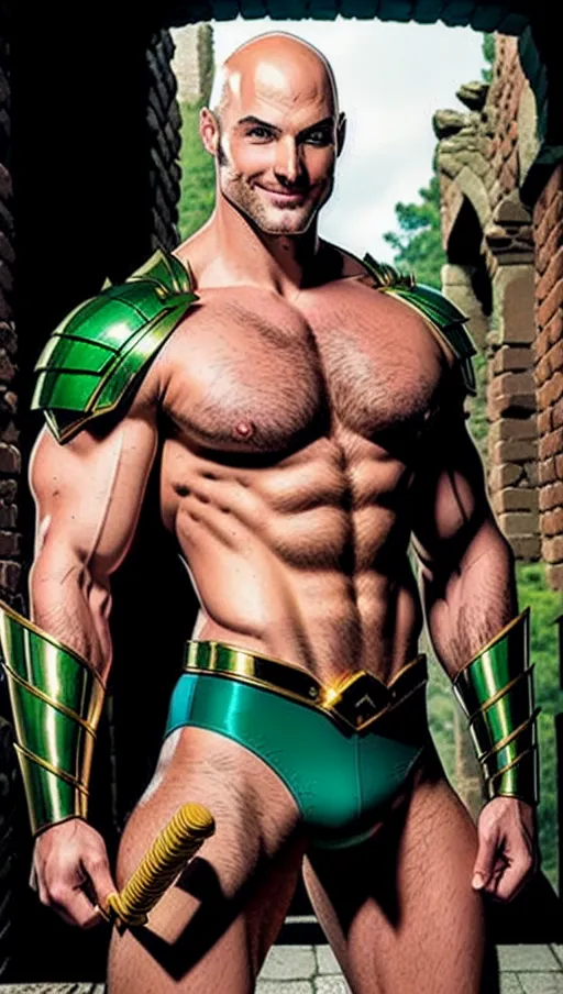 Handsome face, sadistic and sexy smirk, Mysterious Bald Headed Male model wielding musical magic, masculine Thin but muscular body type, he is known to super-powered allies as the Sexy Bard, known to super villains as the sonic rapist, Male superhuman bard, wearing one glowing tattoo depicting magic music and ancient ruins, Solo Portrait, Emerald Green Gemstones set into an armored Gold outfit, Handsome smiling face, light stubble for facial hair, Very Stylish, engorged crotch area, skin-tight armor <lora:crotchless:1>, nice penis, looking sweaty and aroused, <lora:dc_marvel_v1:1>