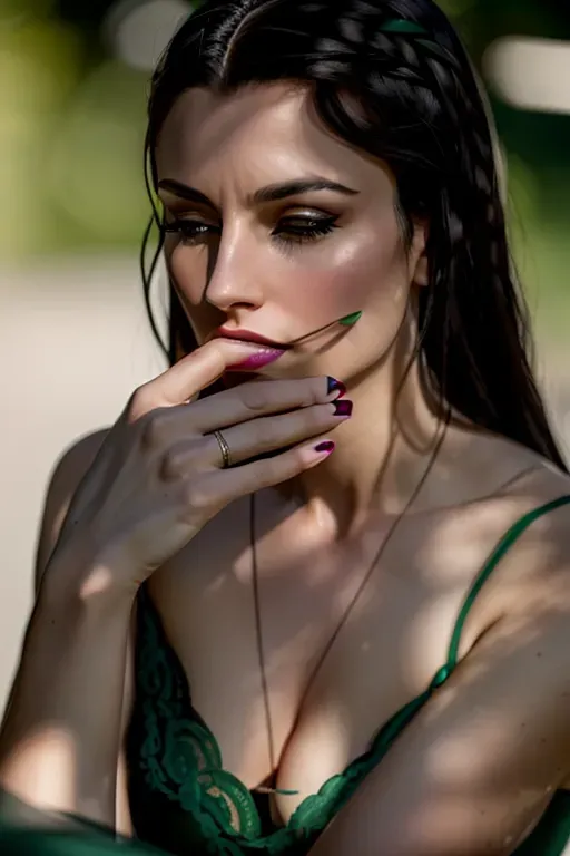 a photograph of a very pretty 37 year old female character with long black hair and green eyes named Dallas, thin but strong body, athletic, wearing a diaphanous dress, glasses, lost in thought, cinematic lighting, editorial, bokeh, highly detailed