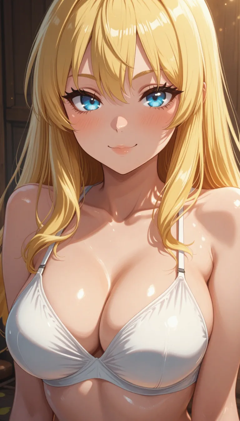 masterpiece, best quality, anime coloring, anime screencap,
1girl, solo, long hair, breasts, looking at viewer, blush, smile, bangs, blue eyes, blonde hair, large breasts, cleavage, bare shoulders, closed mouth, underwear, collarbone, upper body, shiny, blunt bangs, bra, lips, shiny skin, eyelashes, close-up, white bra