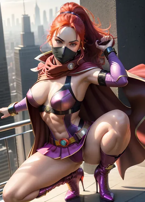 superhero, beautiful woman, red hair to shoulders, sexy and tight body suite in a mix of pink and purple, sensual short skirt showing lot of clevage, cape and sexy gloves, short boots with high heels, superhero mask over mouth, bracelets on arms, perfectly toned and slender body, abs, small breasts with erect nipples seen through suite, very pretty face, Highly detailed Eyes, arched eyebrows, senusal expression, perfect composition, hyperrealistic, photorealistic, pretty face, dramatic action Pose, crouching stance with raised arms, full body view, Highly detailed, bright lighting, perfect composition, hyperrealistic, super detailed, high quality, trending art, trending on artstation, sharp focus, intricate detail, extremely detailed, centered, full frame, photorealistic, vivid contrast, vivid colors, 3dcg, 3d, render, 8k, UHD, HDR, Masterpiece, best quality
metropol city setting, on top of sky scraper, view from above