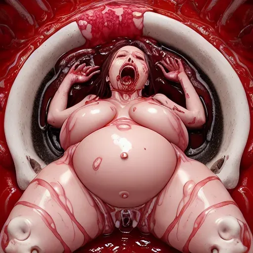 asian pregnancy big boobs woman in a belly of a slime monster, deep, crushed, tight fit, fetal, screaming, helpless, agony, horror,((( partially digested ))), (( body digested )), bloody, Meat, skinless,((( broken bones ))), cartilage, dismembered, disemboweled, (((( organs ))), soupy, melted, goo, glop, squishy, slippery, wet, slimy, pregnan, ((( Skin full of wounds bloody and bones can be seen ))), pregnant,((( bones ))),((( lies in a clear liquid ))), clear liquid, red wall in flesh optics as background, howls in pain,
