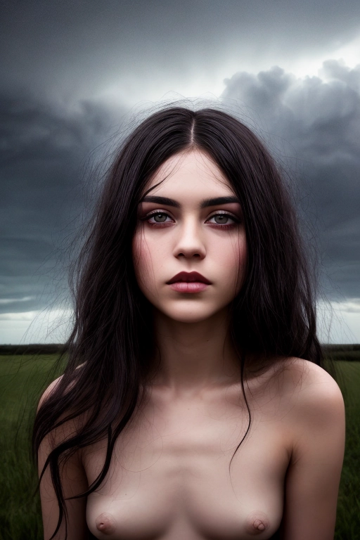 <lora:dpmg_add_detail:1>, dark hair, dark eyes, darker intentions, pixie cute, intimate full lips, taut body, young skin, old eyes, middle of a thunderstorm, blown out by the wind, full length focus